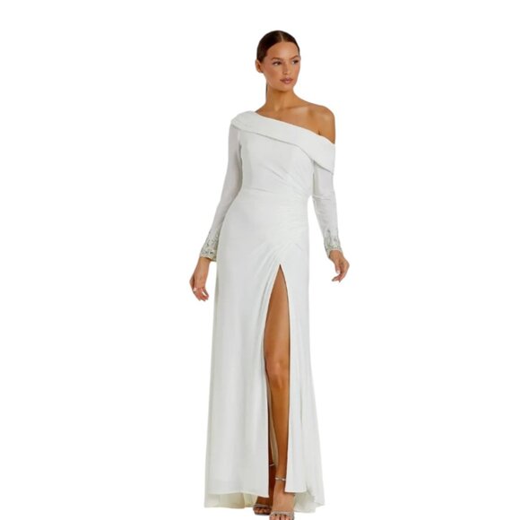 NWT MAC DUGGAL BEADED CUFF DROP SHOULDER FAUX WRAP White Sz 10 GOWN DRESS - Picture 1 of 4